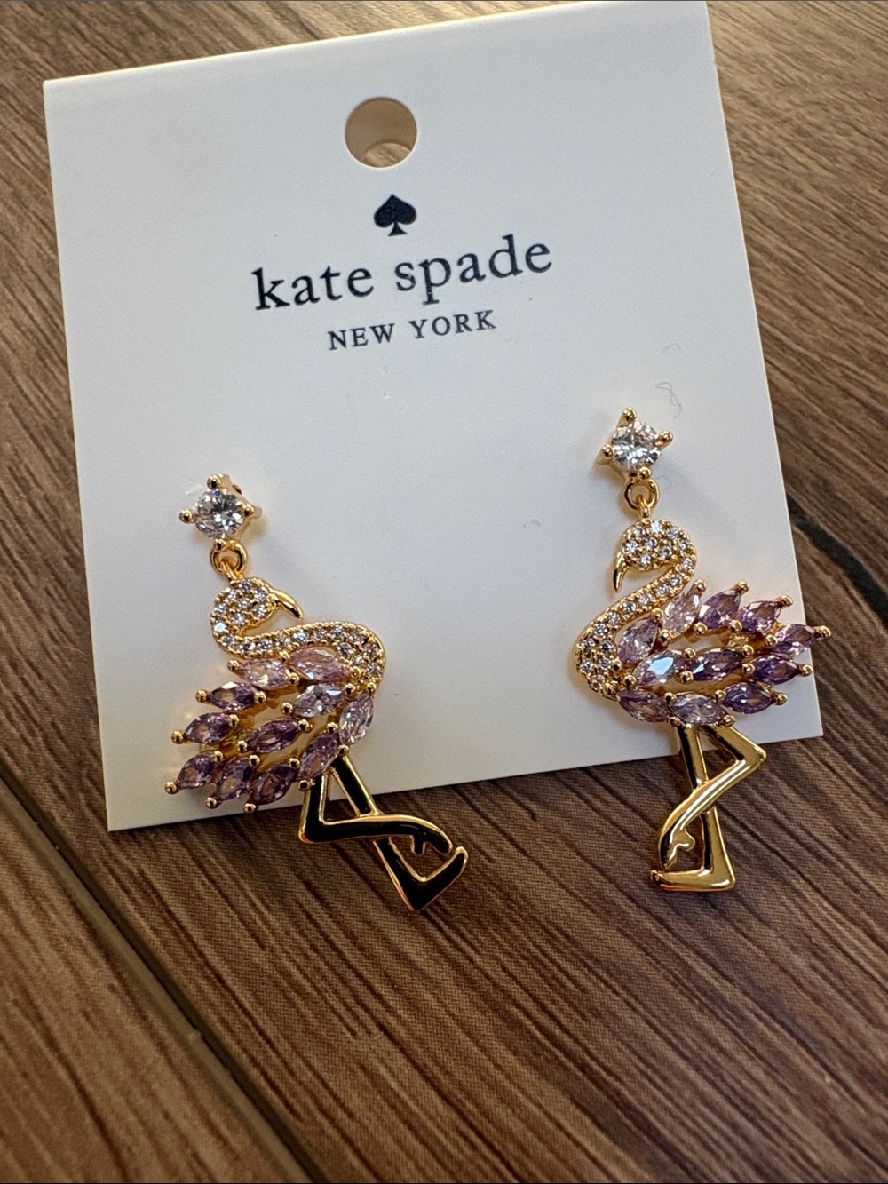 kate spade Gold and Purple Amethyst Crystal Swan Flamingo Drop Earrings